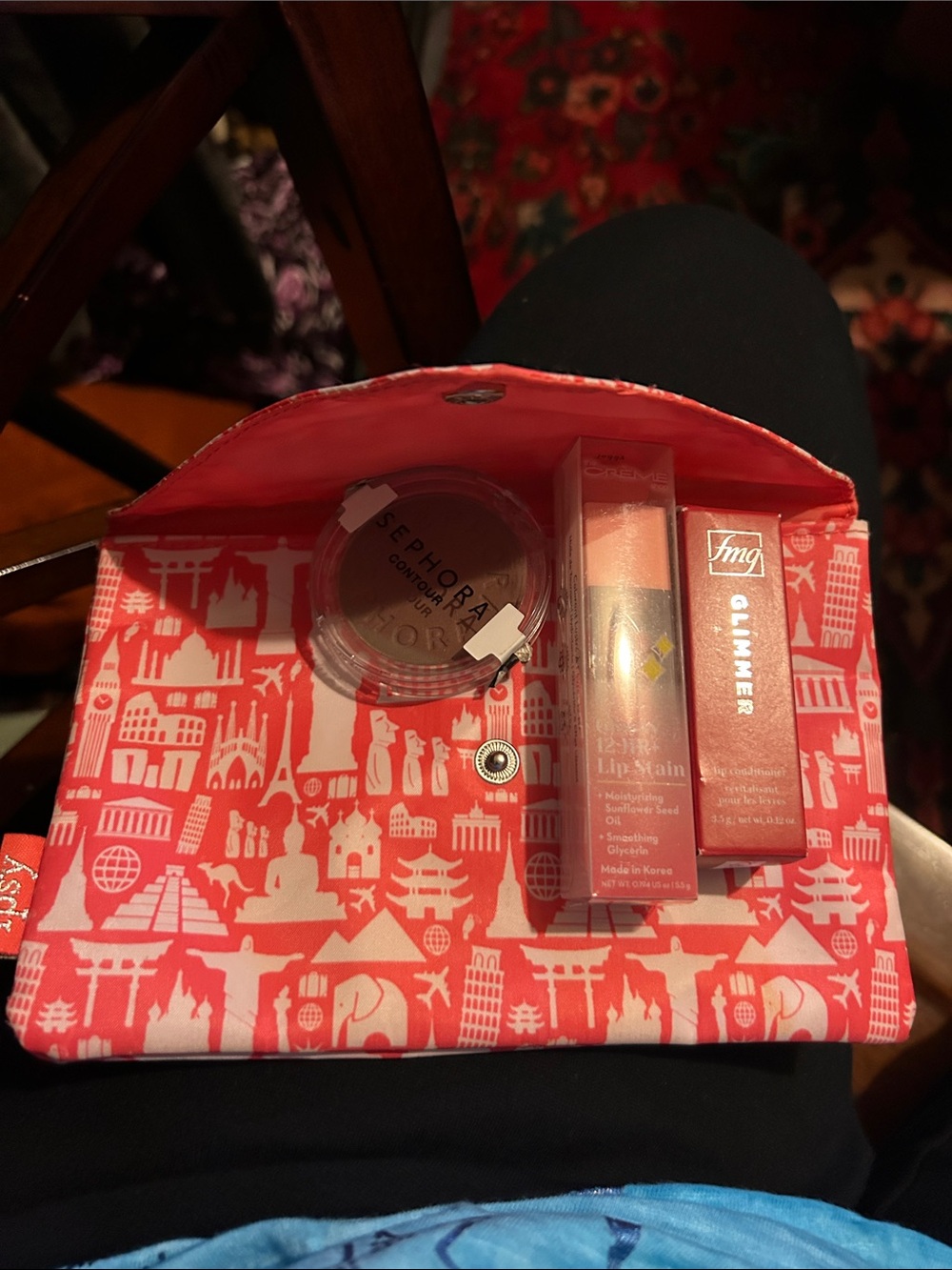 Sephora Coral Travel Cosmetic Pouch with Lip Stain & Glimmer Set
